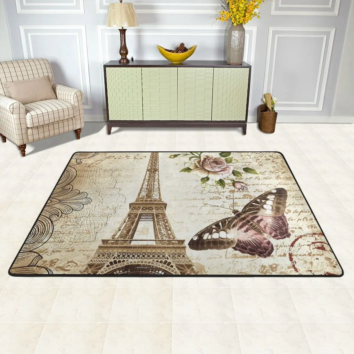 Vintage Paris Eiffel Tower Retro Flower Butterfly Carpets Area Rugs Pad for Bedroom Living Room Non-Slip Floor Mat Home Decor | Дом и сад