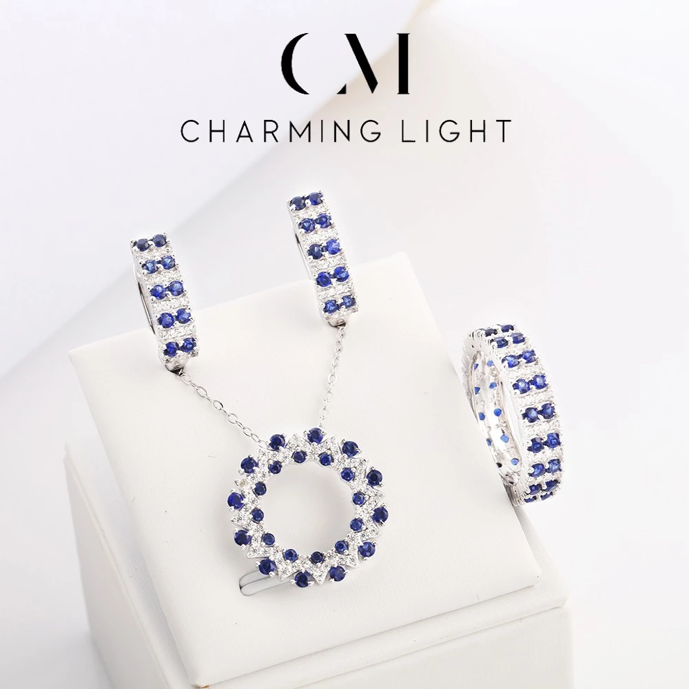 CHARMING Blue Sapphire Jewelry Set Lab Grown Gemstone 925 Sterling Silver for Women Stud Earring Necklace Ring Vintage Gift