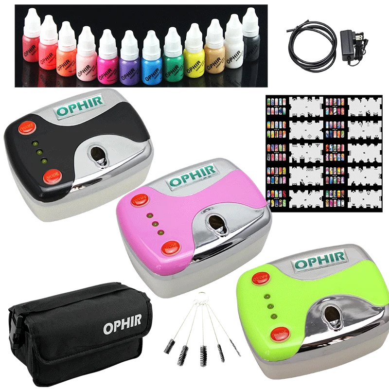 OPHIR Airbrush Nail Art Set 0.3mm Airbrush Kit with Air Compressor 12 Color Inks 20x Stencils Brush & Bag Nail Tool _OP-NA001 ophir airbrush nail art set 0 3mm airbrush kit with air compressor 12 color inks 20x stencils brush