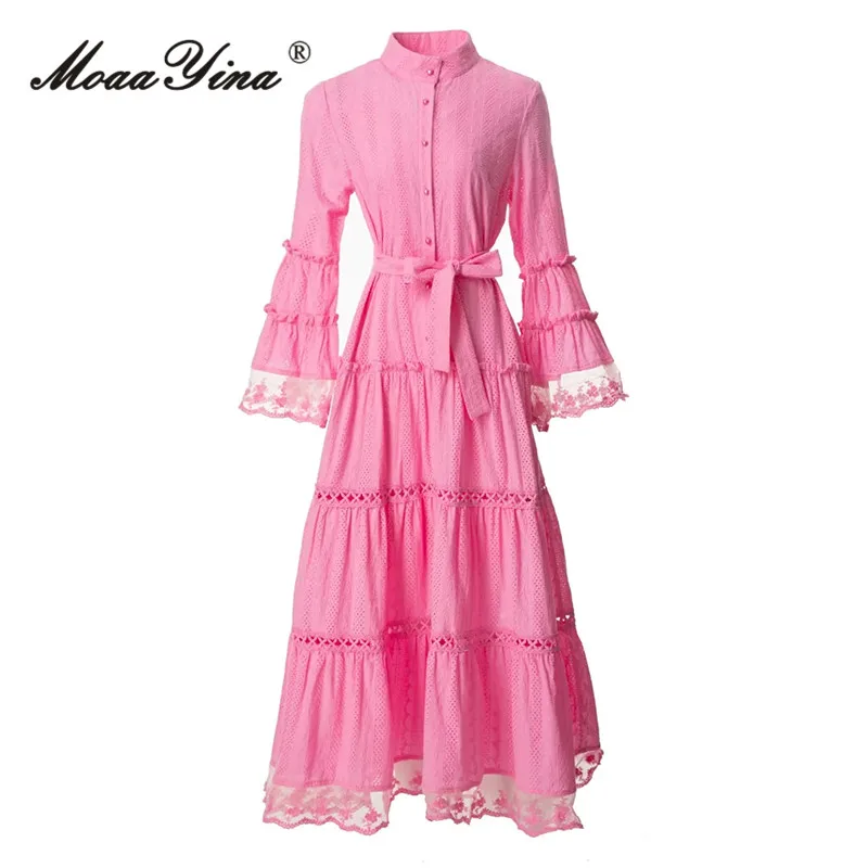 

MoaaYina Fashion Runway dress Spring Summer Women Dress Pink Stand Collar Button Flounces Sleeve Belt Net Yarn Embroidery Dress