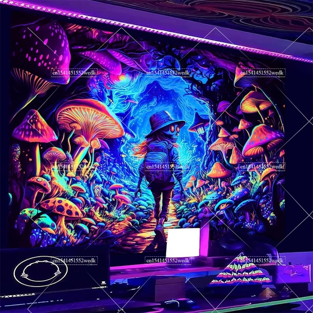 Tapisserie de champignons à lumière noire, crâne Hippie réactif aux UV, tenture murale des yeux, tapisserie de forêt, affiches qui brillent dans la nuit 2