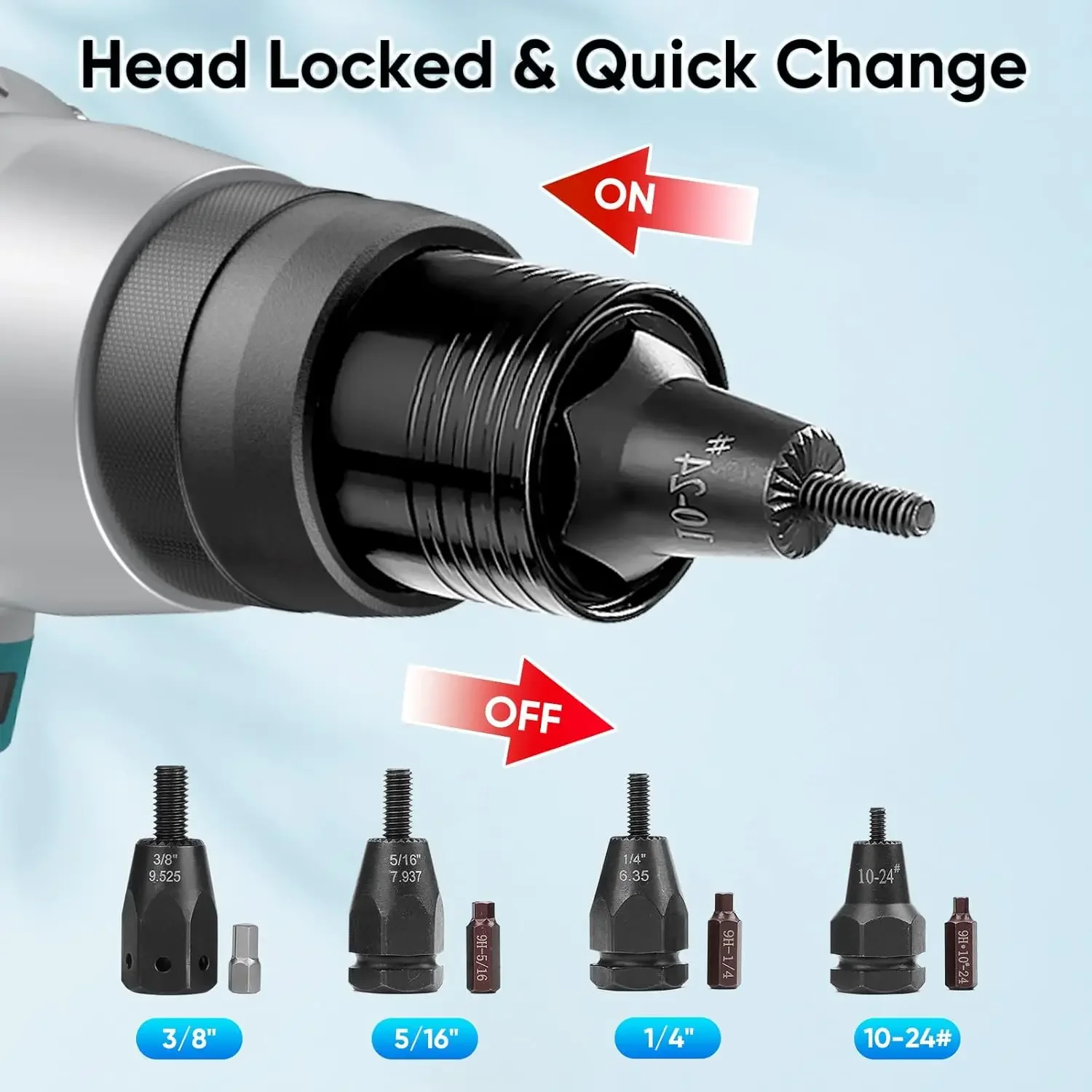2-IN-1 Cordless Rivet Nut Gun Set (10-24 & 1/4 & 5/16 & 3/8), Portable Battery Powered Pop Rivet Insert Installation Tool Automa 6