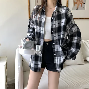 Women Tartan Shirt Long Sleeve Collared Button Up Oversized Plaid Shirt Flannel Jacket Grunge Teenage Girl Spring Summer Outfit 5