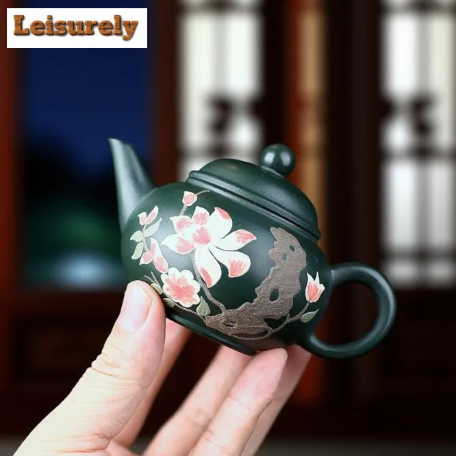 140ml Yixing Purple Clay Teapots Handmade Clay Drawing Level Pot Raw Ore Green Mud Tea Maker Kettle With Filter Zisha Tea Set