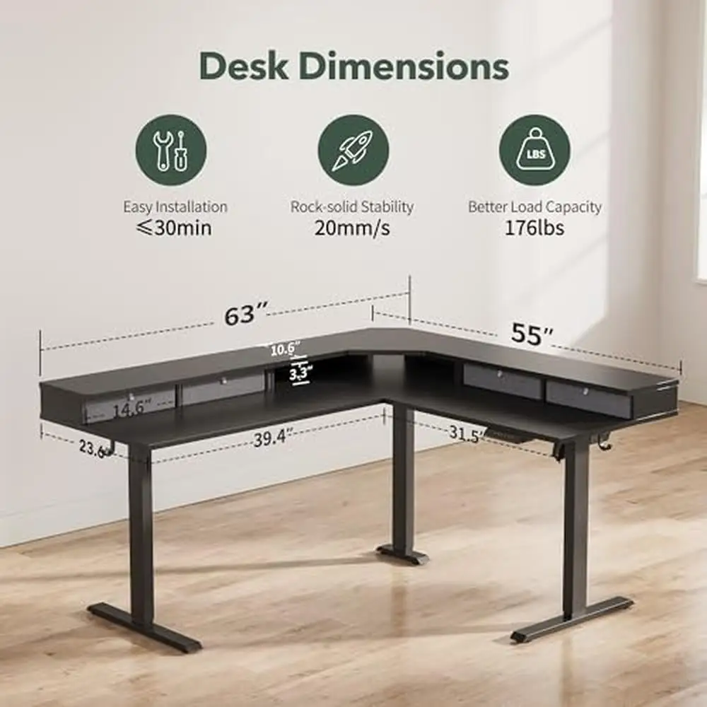 Adjustable Electric L Shaped Standing Desk with Splice Board 63" Corner Gaming Desk 3