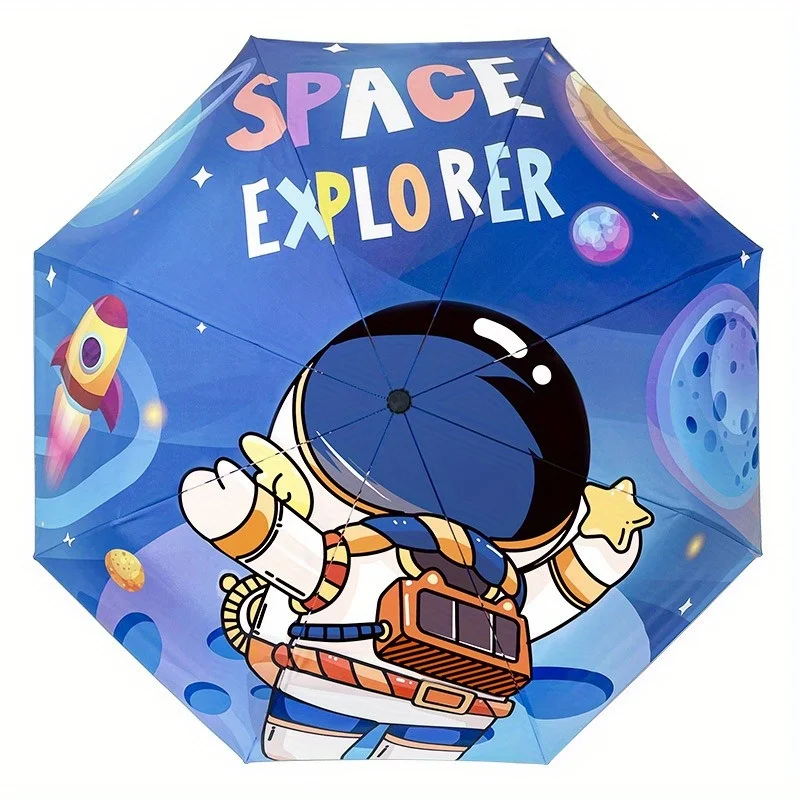 Unisex Manual 8 Ribs Adorable Cartoon Astronaut Pattern Folding Umbrella Casual Lightweight Compact Backpack Umbrella