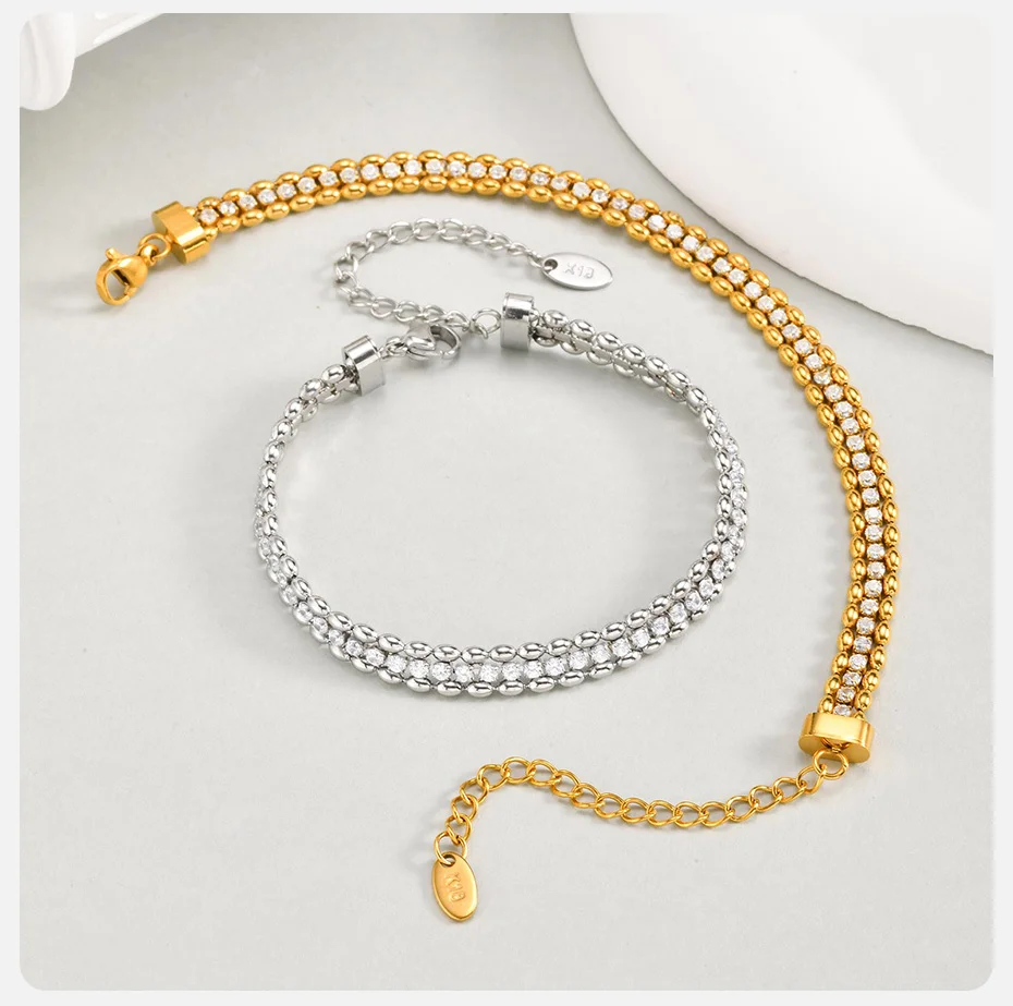 Vnox Damen-Armband, goldfarben, silberfarben, gewebt, Zirkonia, Edelstahl, Doppelperlen, Kette, Schmuck, Accessoires, Charm-Armband – Detail 5