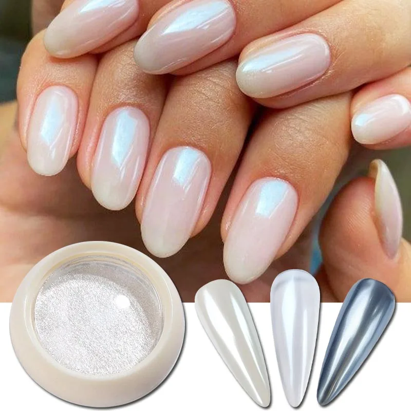 White Chrome Solid Pearl Powder Nail Glitter Aurora Mirror Pigment Rubbing Dust Metallic Effect Gel Polish Manicure Decorations