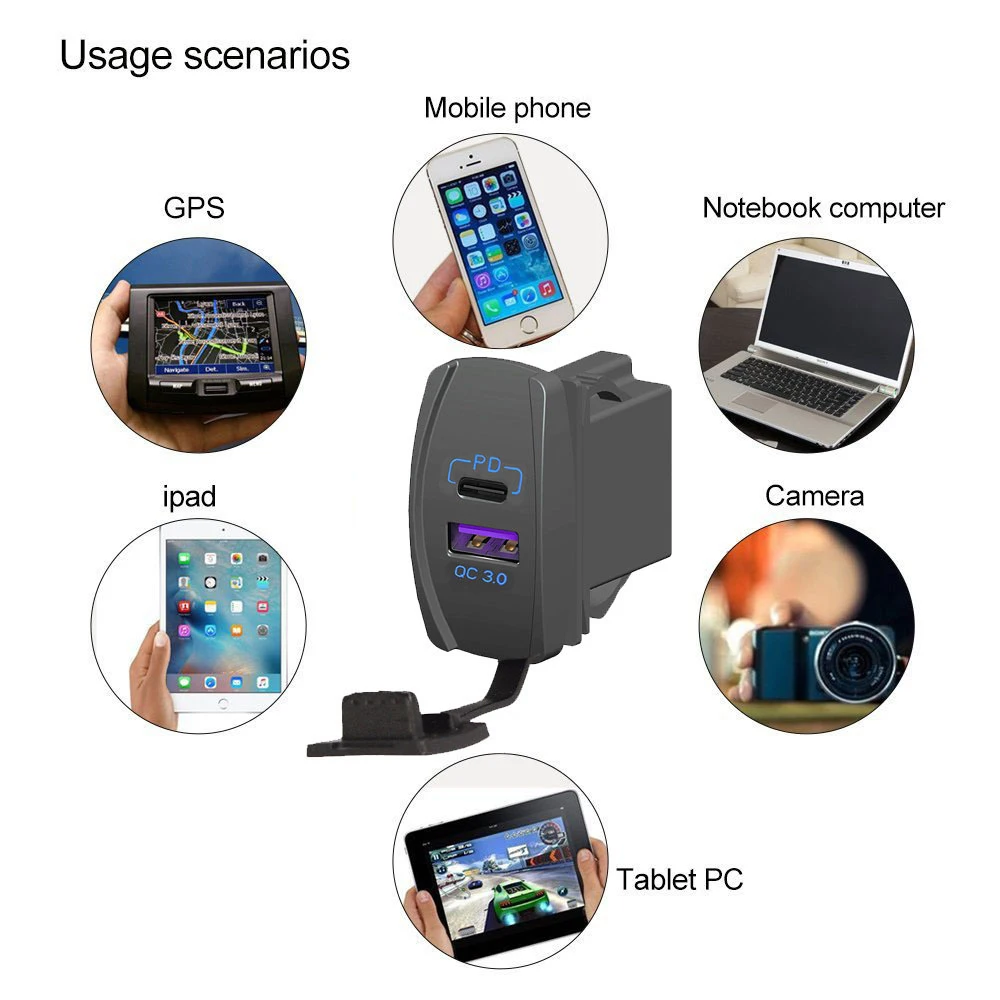 

New Switch TYPE QC3.0+PD Mobile Phone Fast Charge 12V-24V Car Charge Type-C Port 45W High Power for Motorcycle Boat Marine RV