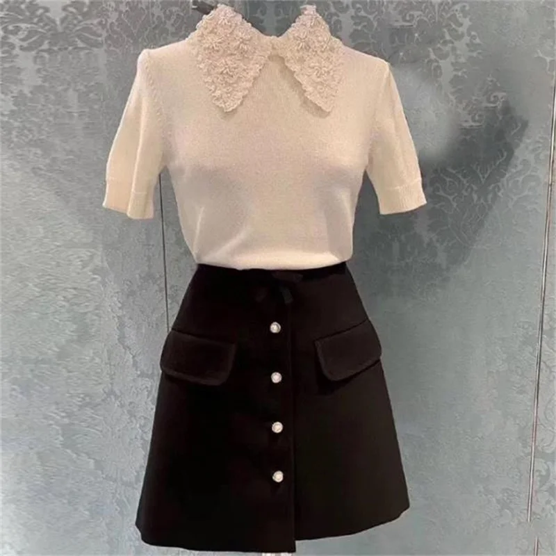 

Design beaded sweater 2023 summer new polo collar fashion slim top women