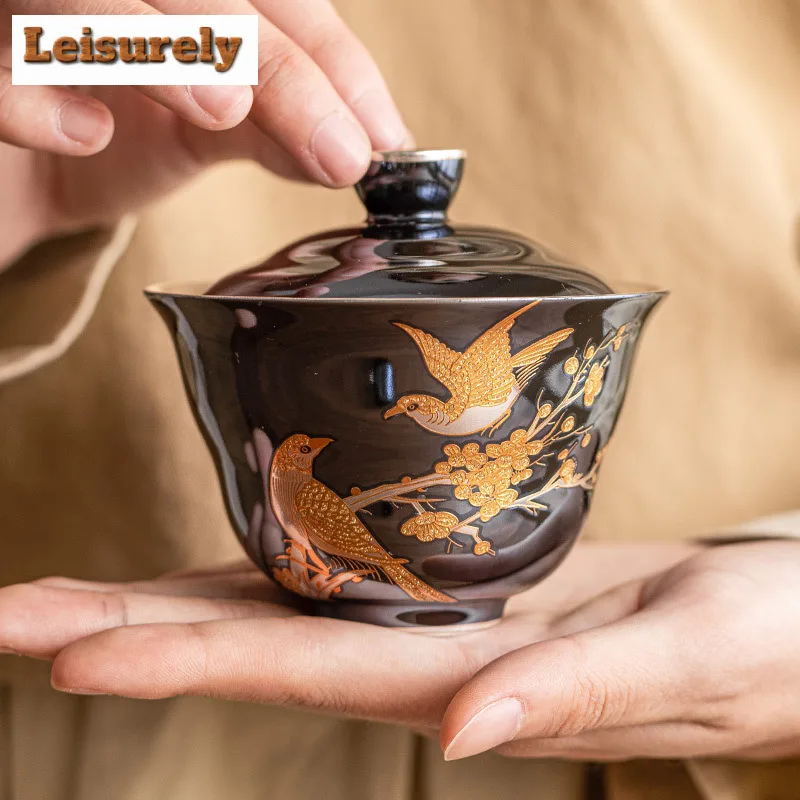 110ml High End 999 Silver Gilded Gaiwan Retro Pearl Glazed Flower And Bird Tea Tureen Tea Making Cover Bowl Drinkware Collection