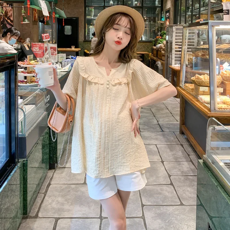 Maternity Short Sleeve T-Shirt Set Summer Style Korean Version For Pregnant Women Simple Top 2-Piece Set Doll Top