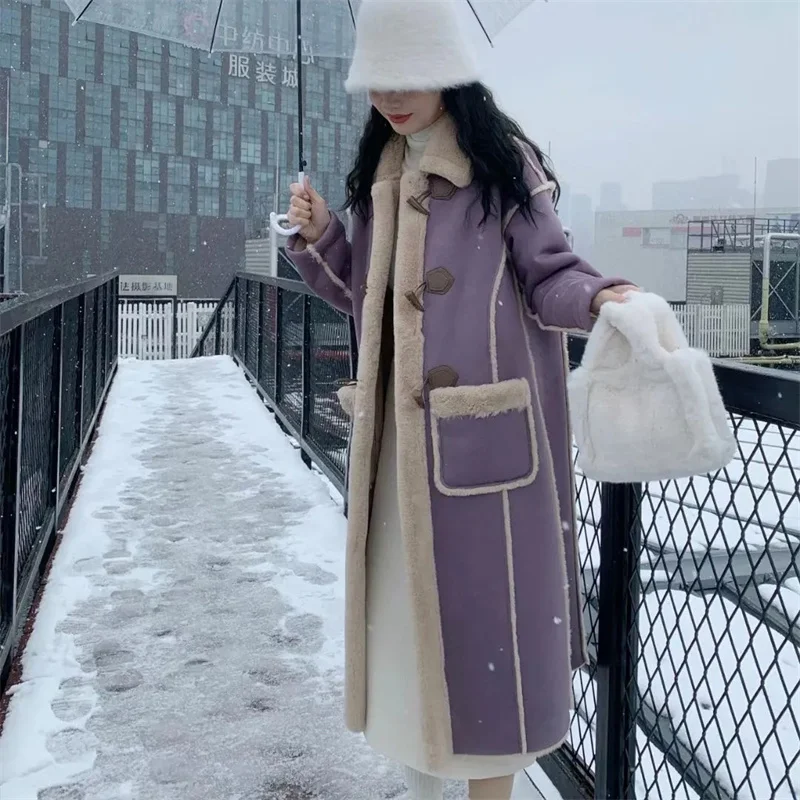 Suede Lamb Fur Coat for Women's Winter Thickened and Fur 2023 New High Grade Long Thickened Loose Warm Fur Jacket Female Purple