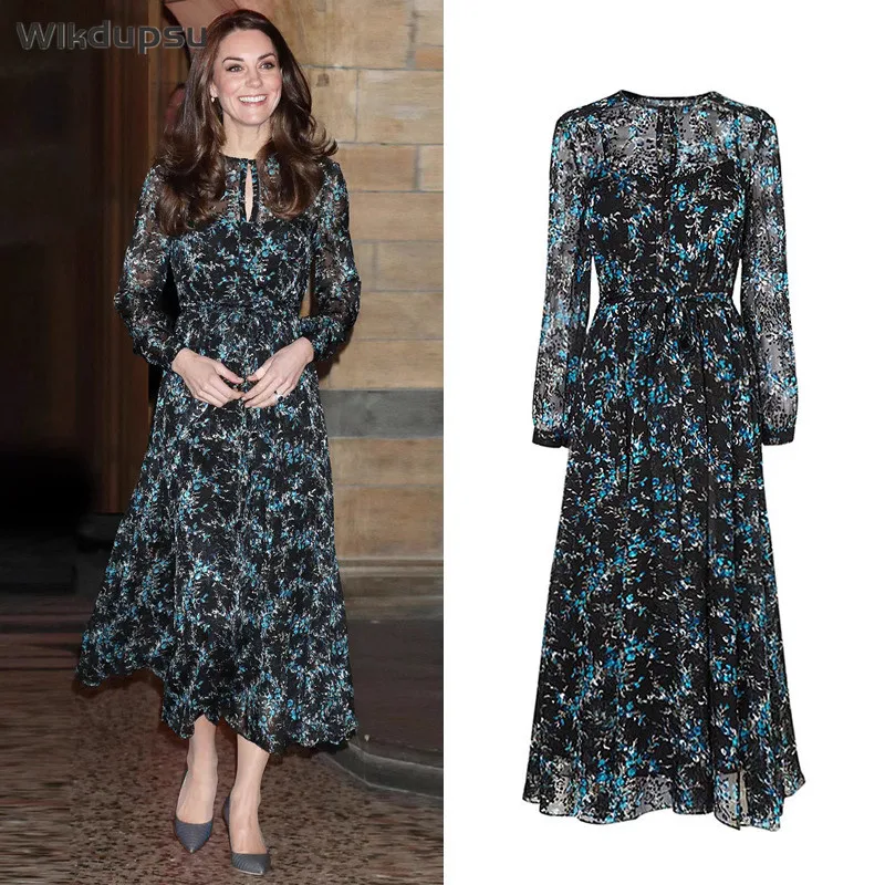 

High Quality Dress Women Fashion Printed Long Maxi Dress Kate Middleton Elegant Vintage Spring Summer Casual Vacation Dresses