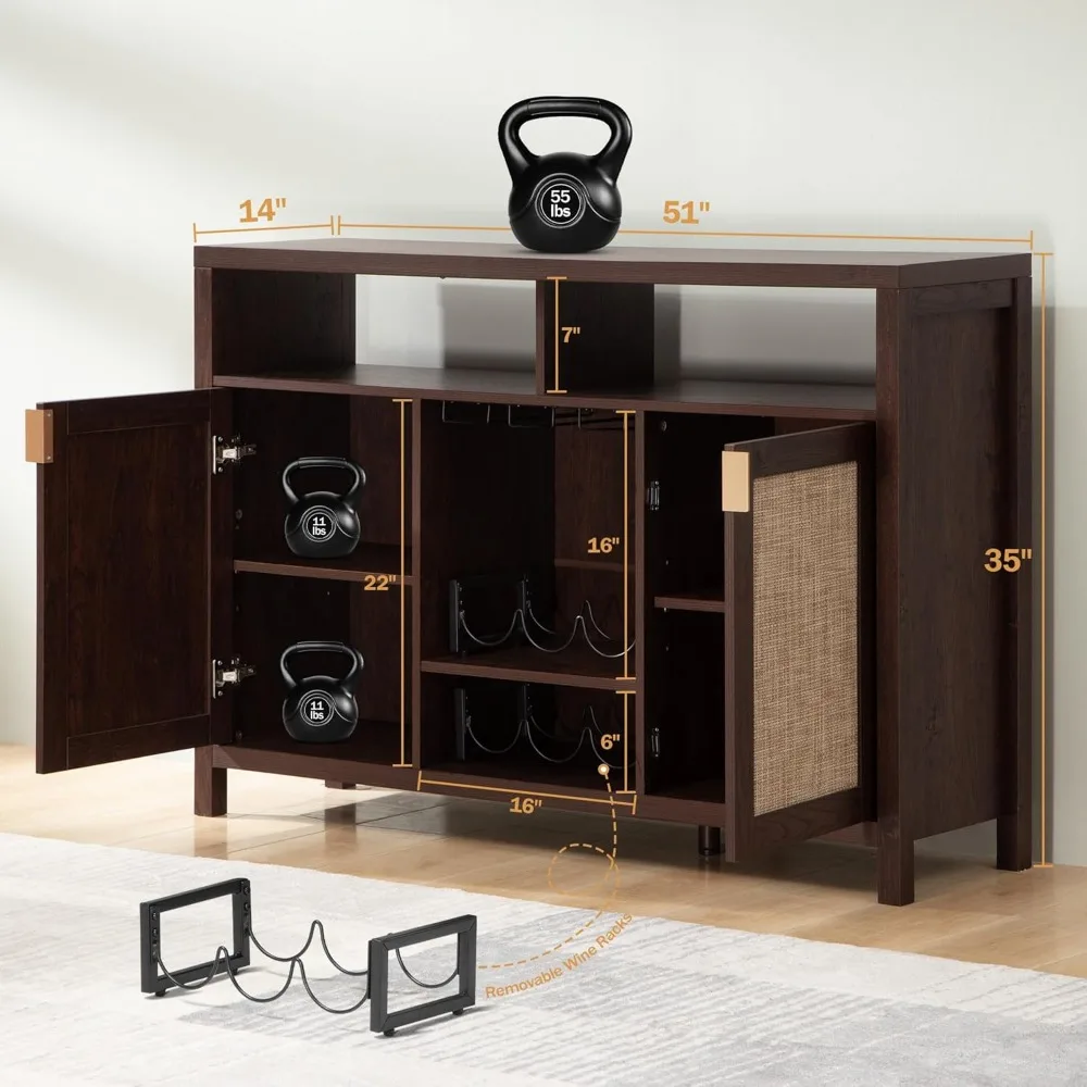 Rattan Coffee Bar Cabinet, 51" Sideboard Buffet Cabinet with Storage, Farmhouse Liquor Cabinet with Wine Racks Credenza Console