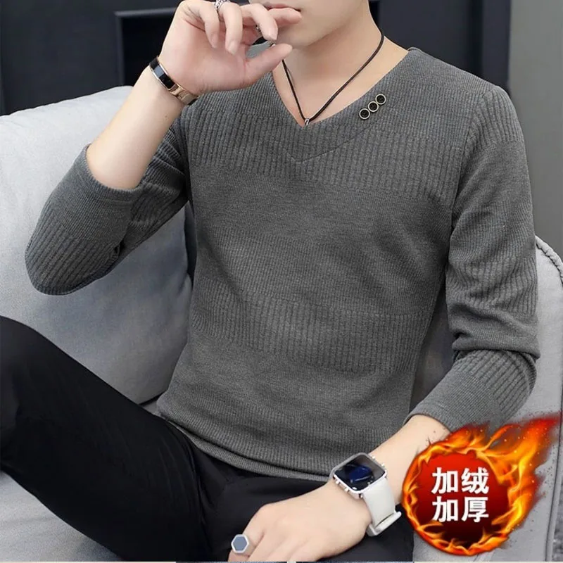 

2023 Autumn Winter Men's New Fashion Business Casual V-neck Thickened Long Sleeve Button Comfortable Solid Color Bottoming Shirt