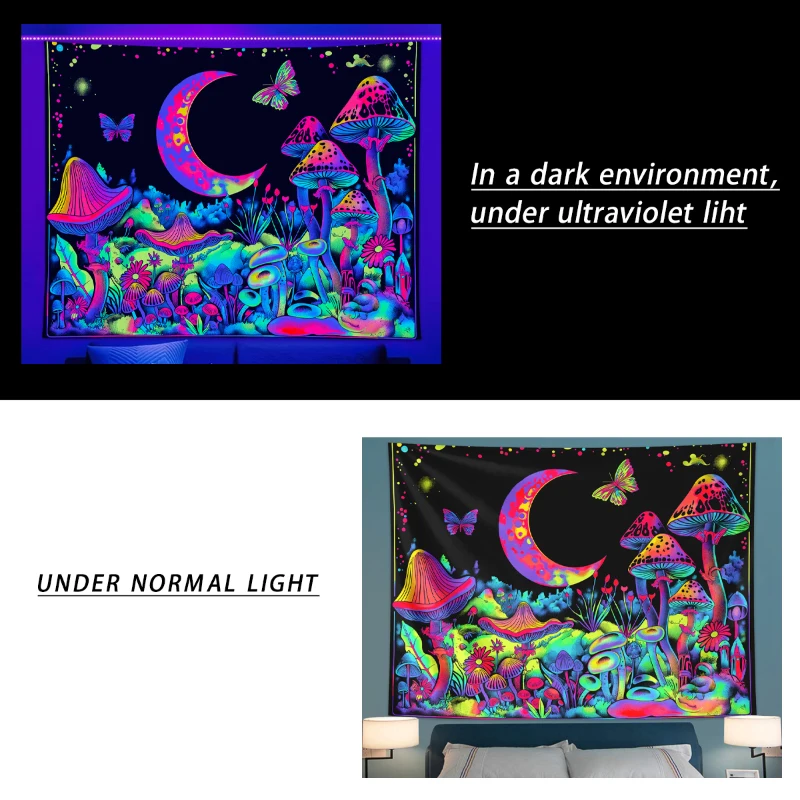1pc UV reactive mushroom tapestry plant flower starry sky tapestry moon phase butterfly neon light effect tapestry