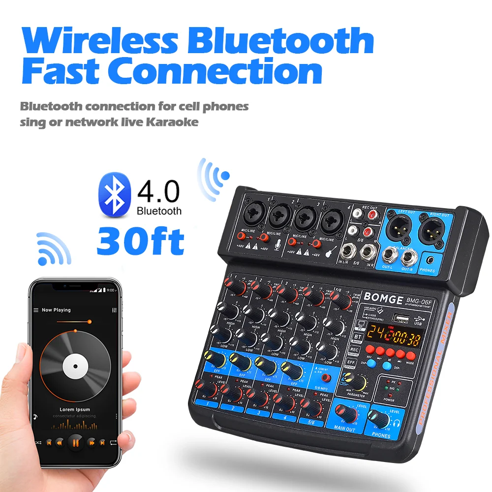 BOMGE 6 Channel Audio Mixer mini Mixing Sound Console USB audio Interface Sound Card With 16DSP 48V Phantom Power for karaoke DJ