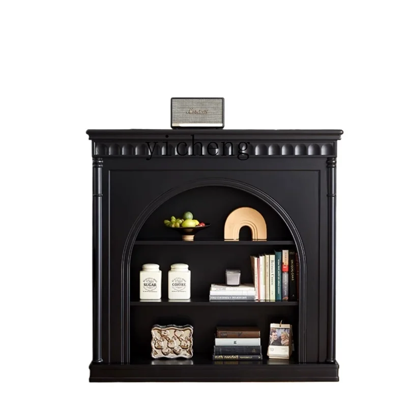

ZF Solid Wood Fireplace Black Curio Cabinet Living Room Black Retro Style Storage Stand Entrance Cabinet