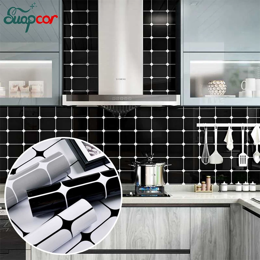 Kitchen Stove Top Renovation Waterproof Oilproof Stickers Self-Adhesive Wallpaper Cabinet Tabletop Black Lattice Decorative Film kitchen sink with waterfall faucet 304 stainless steel large single slot bionic honeycomb black wash basin topmount apron front