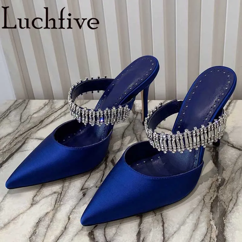 

High Quality Silk Thin High Heels Slippers Women Pointed Toe Crystal String Pumps Sexy Slingback Party Sandals For Summer