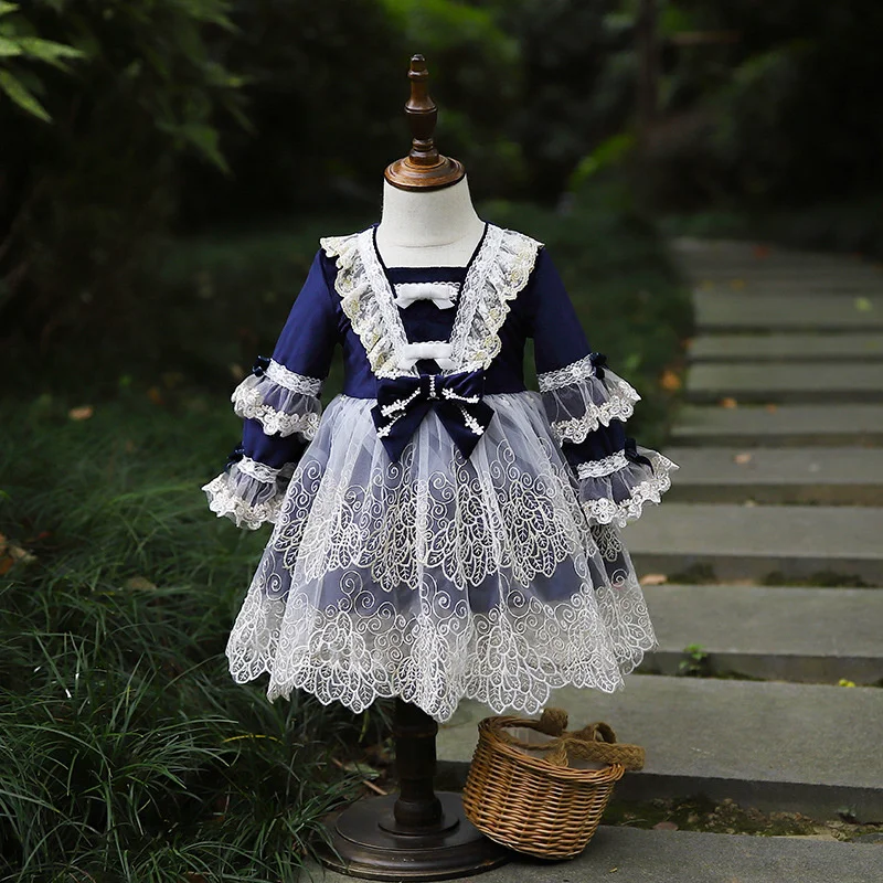 Autumn Velvet Lace Fluffy Skirt Stage Party Lolita Skirt Bow Tie Lolita Girls Dress