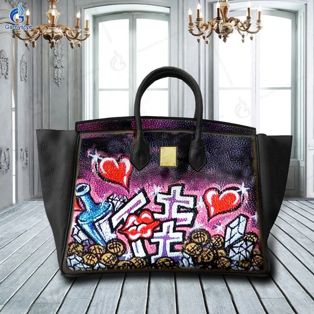 Magnifique cubic art leather hand painted handbag - Sylvias Designers Touch