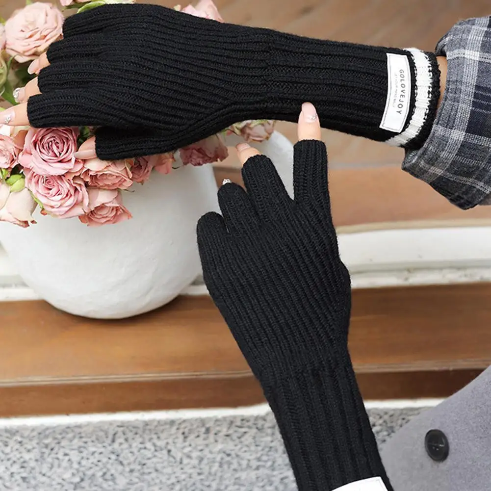 1 Pair Women Wool Knitted Half Finger Gloves Autumn Winter Thickened Windproof Warm Stretch Mittens Fingerless Gloves Wholesale