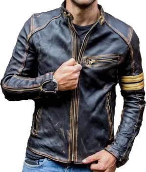 Men's Black Biker Vintage Motorcycle Distressed Cafe Racer Leather Jacket Classic Biker Jacket Aviator Motor Autumn Coats 1