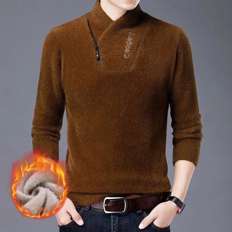 

Winter Sweater Thickened Mink Fur Men's Knitted Bottoming Shirt Korean Handsome Men's Oblique Zipper Collar Sweater