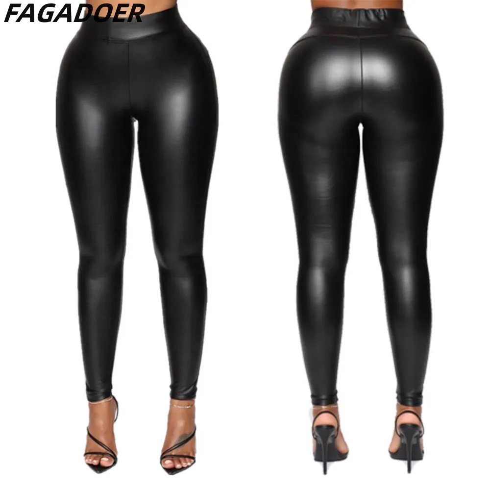 FAGADOER Sexy PU Leather Skinny Pants Women High Waisted Solid Color Sporty Pants Fashion Slim Pencil Bottoms Casual Clothing