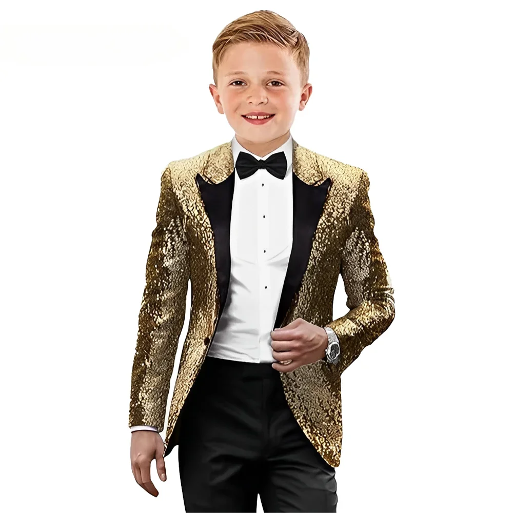 חליפות טוקסידו לילדים עם פנינים זהב, בגזרה צמודה, בגדים רשמיים, חליפת טוקסידו מבריקה למסיבת פרומ