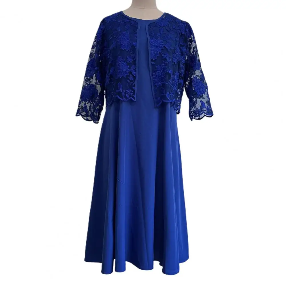 

Женский комплект из платья и пальто с цветочной кружевной вышивкой средней длины, женский элегантный вечерний наряд с круглым вырезом и свободным подолом