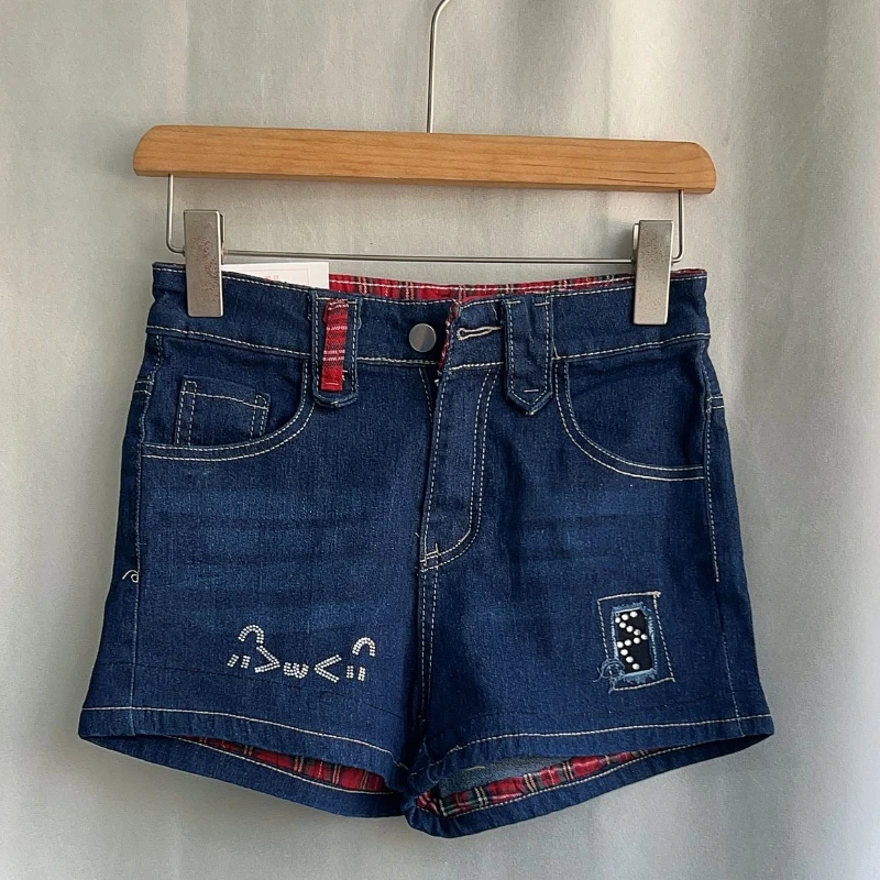 Y2k Low-waist Plaid Patchwork Jeans for Women All-match Sexy Bodycon Hot Short Pants 2026 Summer New Blue Denim Shorts