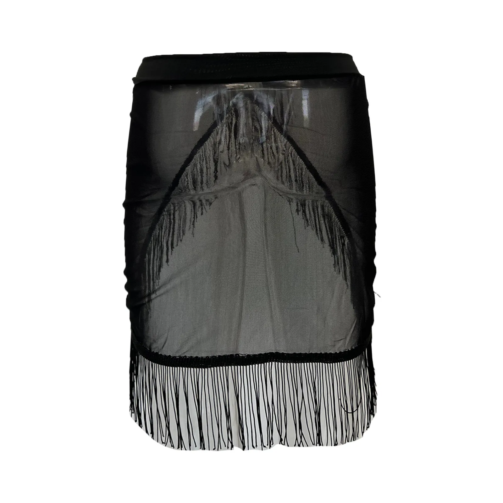 Women's Irregular Sarong Skirt Beachwear Cover Ups Tassels Design High Waist Smock Sunscreen Large Size Black Cover Ups S-5XL 5