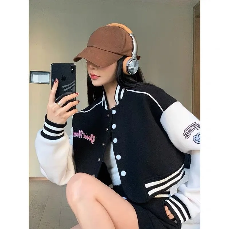 Deeptown Cropped Baseball Jacket Women  Korean Fashion  Oversize Kpop Streetwear College Varsity Jackets Vintage Y2k Short Coats