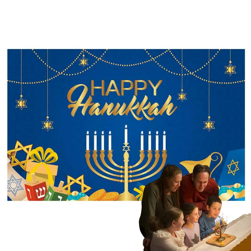 

Happy Hanukkah Backdrop Banner 100D polyester fabric Blue Dangling Decorative Photo Background Flag Festival Decoration for Home