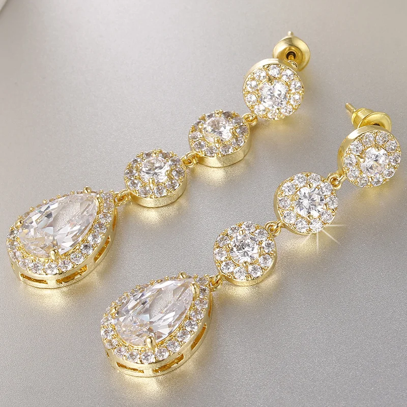 Minimalism Teardrop Round Zircon Long Dangle Earrings for Women Wedding Engagement Jewelry Bridal Drop Earrings Statement dangle earrings,drop earrings,long earrings,dome teardrop earrings