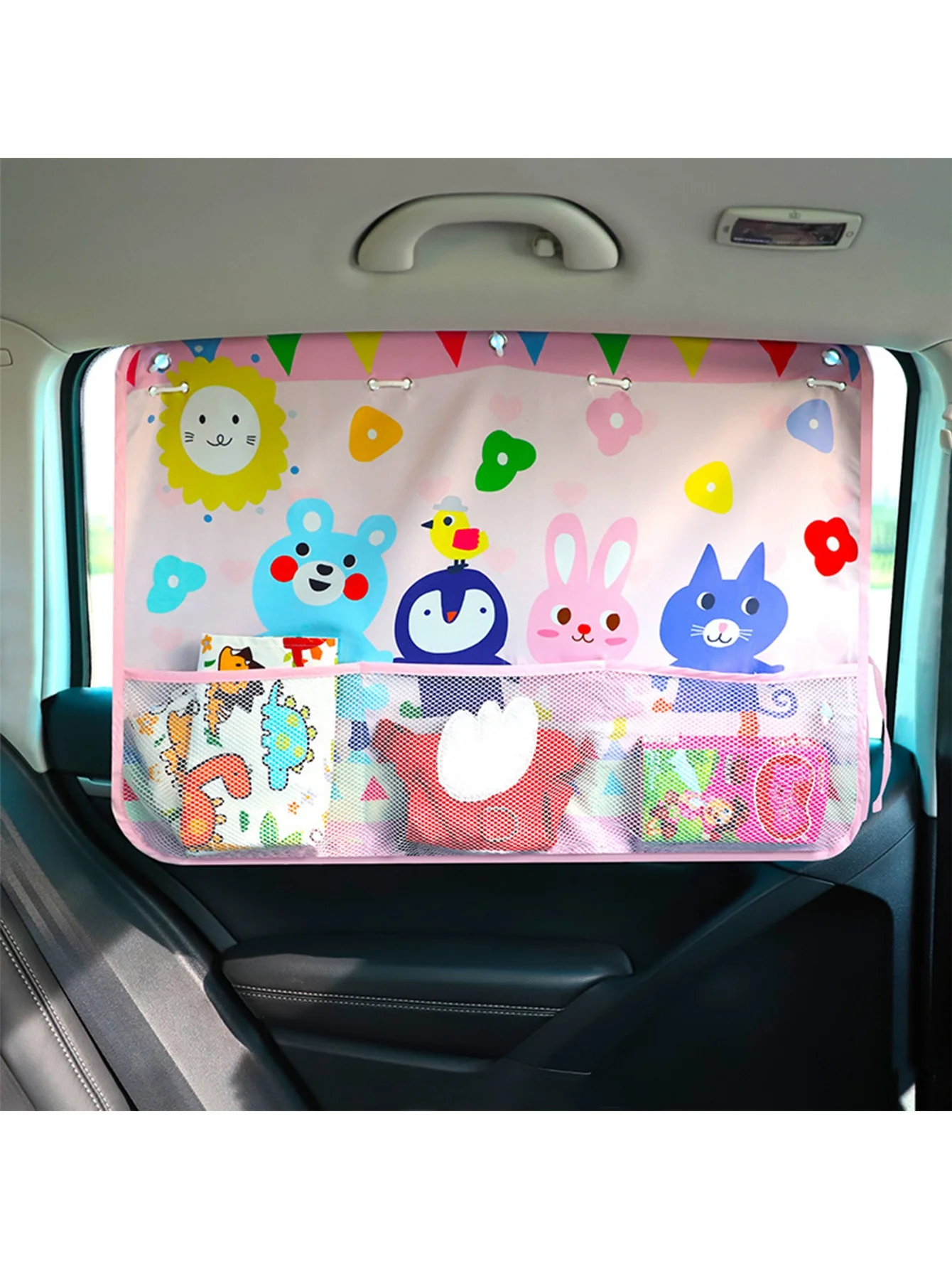 Car Sunshade with Mesh Pocket Storage Sun Protection Storage Bag Baby Sun Protection Shade Retractable Heat Shield
