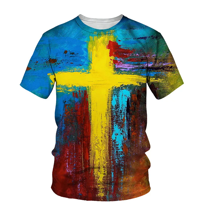 

3D printed men's T-shirt Jesus 2022 summer O collar short sleeve T-shirt top Christian style men's fashion casual T-shirt