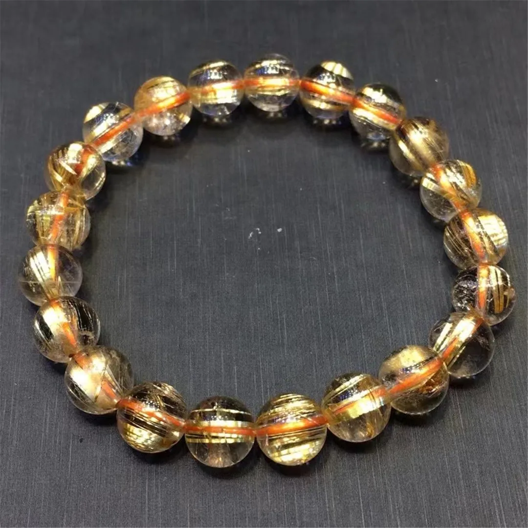 

9mm Natural Gold Hair Rutilated Quartz Bracelet For Woman Lady Man Wealth Gift Crystal Clear Round Beads Strands Jewelry AAAAA
