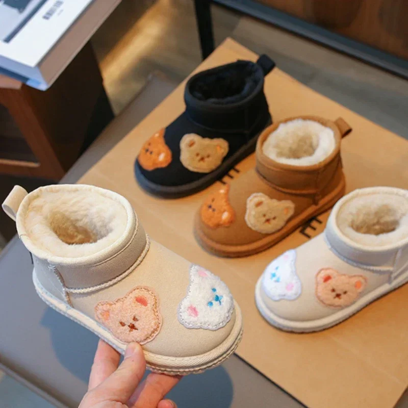 

Winter Fashion Cotton Boots for Boys Flat Plush Kids Indoor Home Shoes Non-slip Baby Girl Fashion Fluffy Cartoon Bear Snow Boots