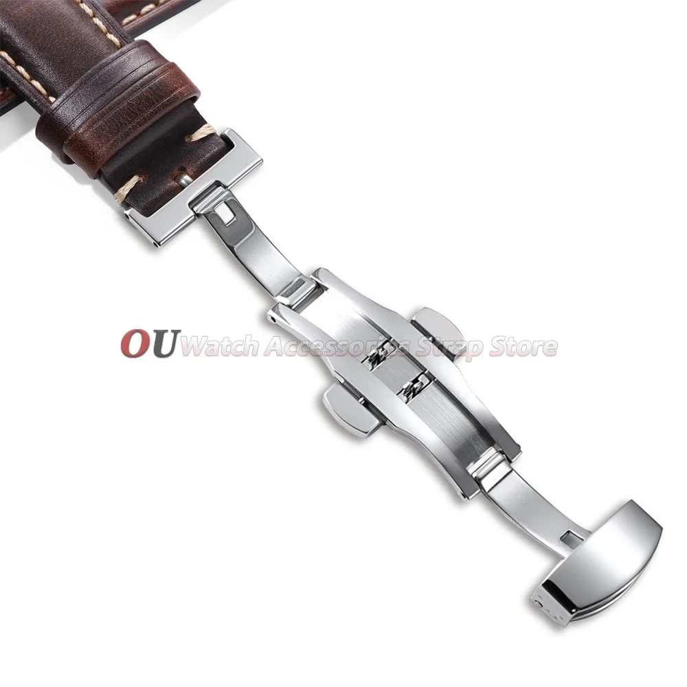 Vintage Oil Wax Leather Watch Band with Butterfly Buckle and Quick Release