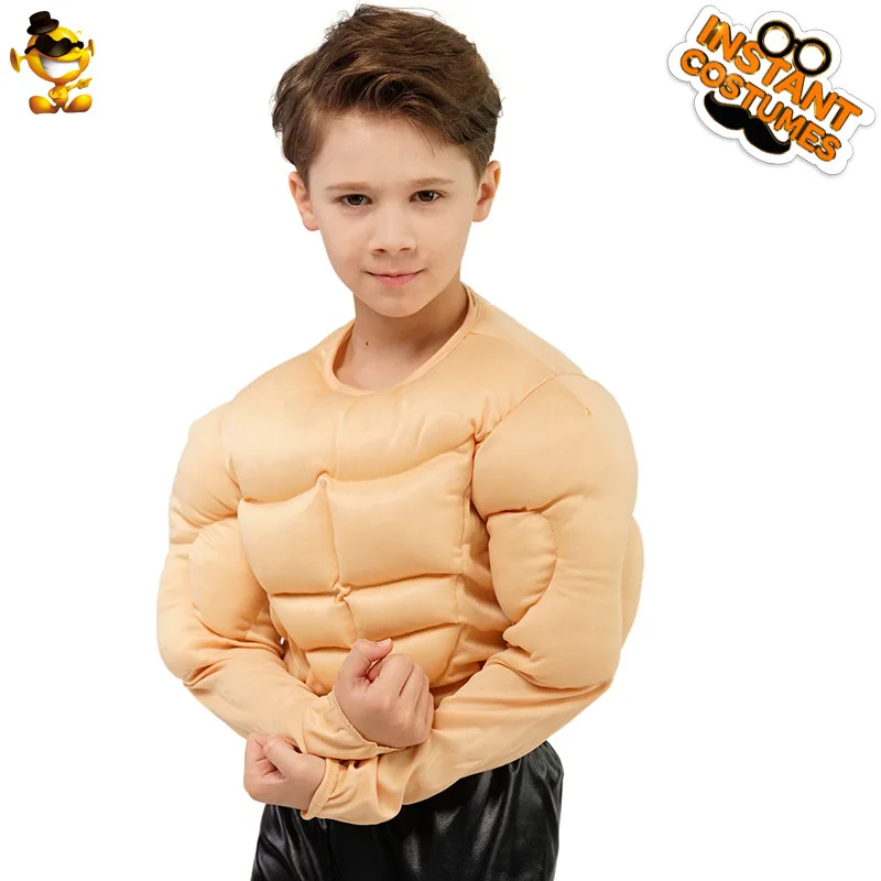 Funny Little Boy Muscle T-Shirt Costume Kids Boys Role Play Fake Pecs Fake Abs