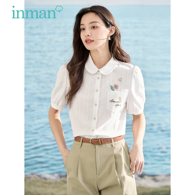 INMAN Women Blouse 2023 Summer Puff Sleeve Doll Collar Loose Shirts 100% Cotton Embroidery Vintage Casual Comfort White Tops kawaii courtship love puppy doll plush toy cartoon stuffed animals dog plushies doll comfort soft toys for girlfriends girl gift