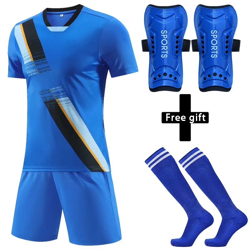 Men Boys Football Jersey Tracksuit Child Soccer Sports Uniforms Kids Play Ball Sportswear Kits vest Free Soccer Shin Pads SOCKS