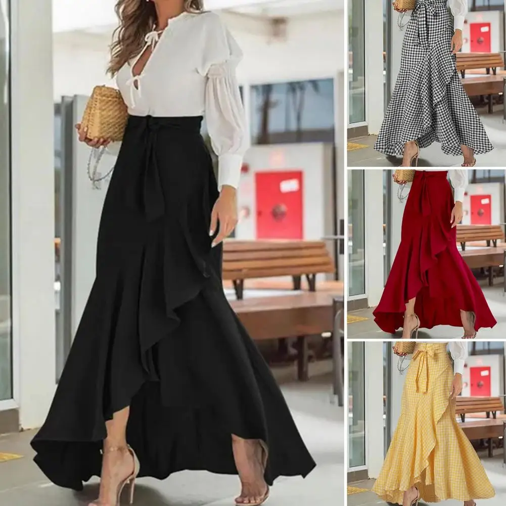 

Maxi Skirt High Waist Elegant Lace-up Ruffle Trim Maxi Skirt with Plaid Print Bow Tie Detail High Waist Irregular Hem for Women