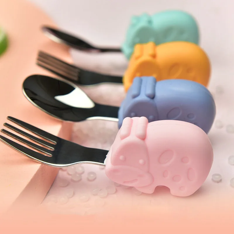Children's Silicone Tableware Set, Hippo, Snail, Whale, Baby Spoon and Fork, Utensils Set, Learn to Eat Tools