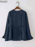 Women Casual Open-front Lace-up Shirts ZANZEA Long Sleeve O Neck Solid Cotton Blouses 2025 Spring Loose Tunic Tops with Pleats - Image 3