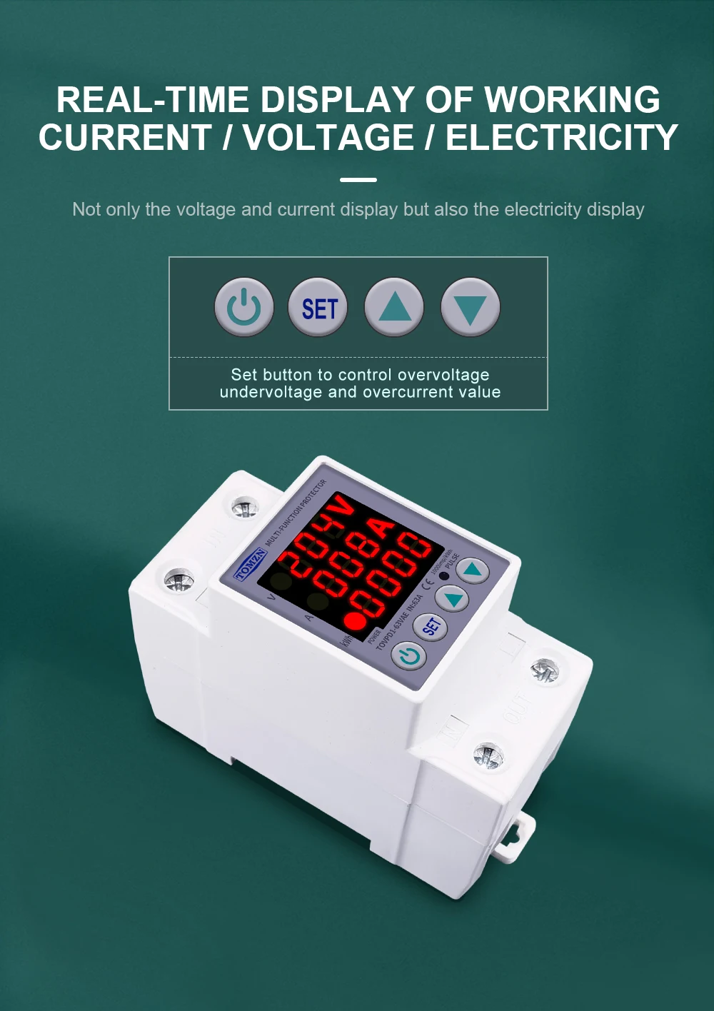 Din Rail Dual Display Adjustable Over Voltage Current And Under Voltage Protecti